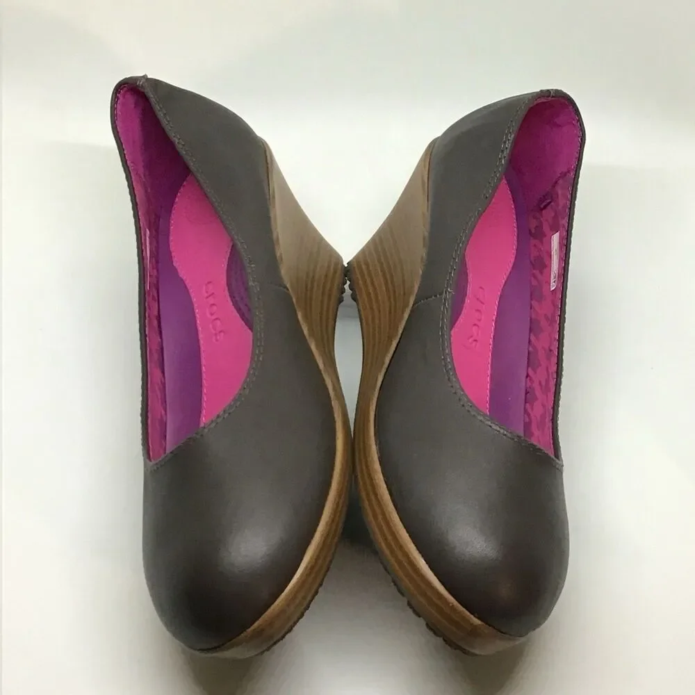 Crocs Wedge Heels Women 8.5 A-Leigh Brown Leather Closed Toe SlipOn Shoes
